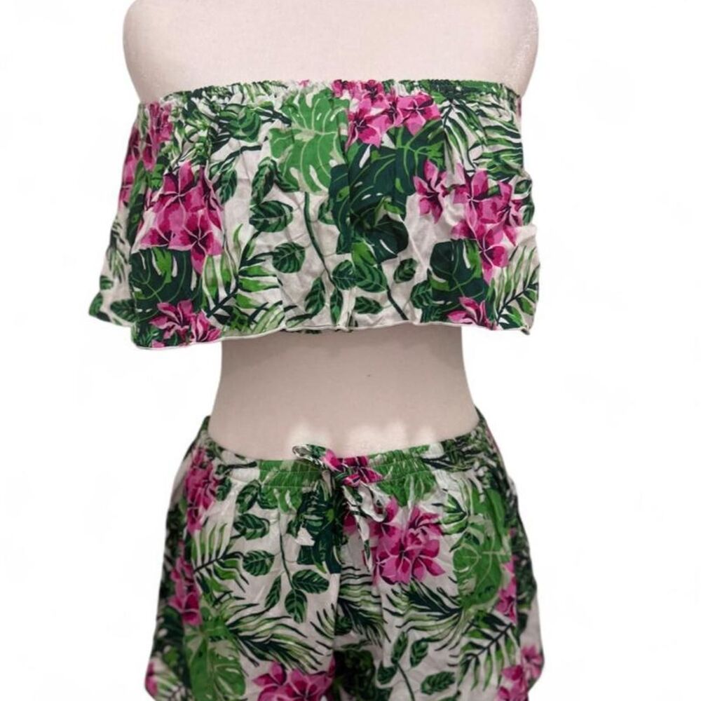 Womens Tropical Leaf Print Two Piece Beach set One Size